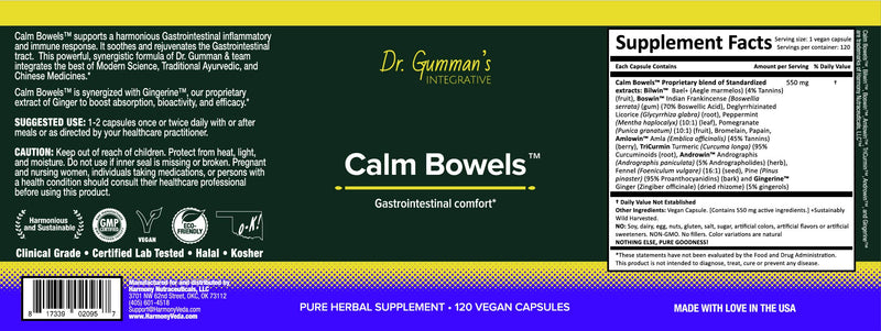 Harmony Nutraceuticals Calm Bowels - Gastrointestinal Comfort Dr Gumman's Integrative Highest Potency Maximum Bioavailable 120 Vegan Capsules