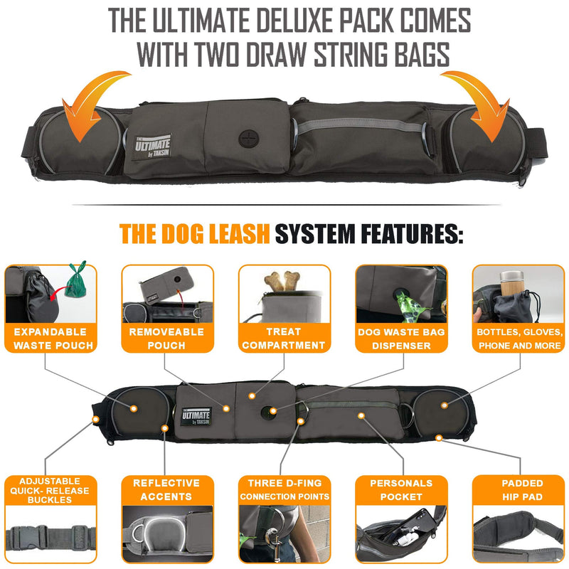 TAKSIN The Ultimate Hands Free Dog Leash System for Walking Running Hiking Training, Reflective Bungee Leash, Treat Holder, Poop Bag Dispenser for Small Medium Large Dogs (Grey Deluxe Pack) Grey Pack One Dog - BeesActive Australia