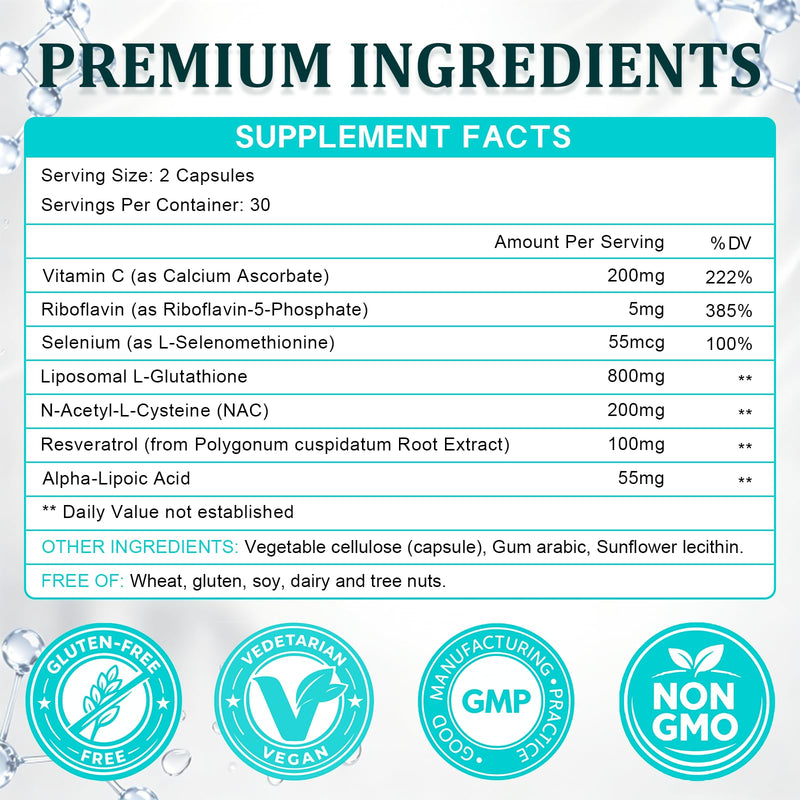 Liposomal Glutathione Supplement with Glutora (800mg), Vitamin C, NAC & Alpha-Lipoic Acid | Advanced Antioxidant Support for Skin & Cellular Health | 60 Capsules| 2 Pack 60 Count (Pack of 2)