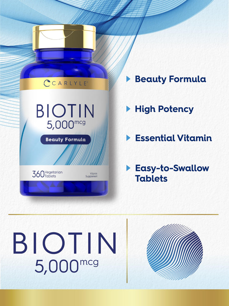 Carlyle Biotin 5000mcg | 360 Vegetarian Tablets | Beauty Formula Supplement for Hair, Skin & Nails | Non-GMO, Gluten Free 360 Count (Pack of 1)