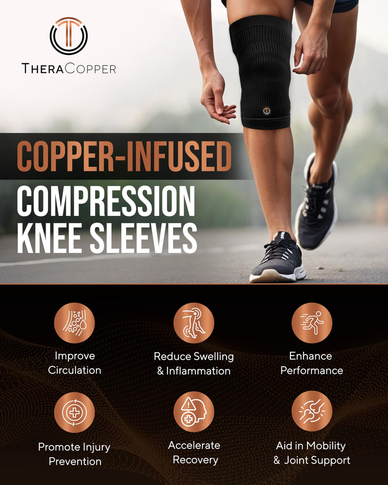 TheraCopper Copper Knee Brace for Men & Women (2 Pack) — Non-Slip Compression Copper Knee Sleeve for Arthritis, Knees Pain Relief, Swelling, Anti inflammatory and Recovery Support (Large) Large