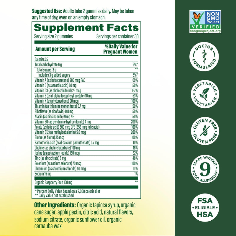 MegaFood Baby & Me 2 Prenatal Gummies, 18 Nutrients, Red Raspberry, 60 Ct | Doctor Formulated with Folic Acid and Choline for Baby's Brain Development, Plus Real Fruit, Non-GMO, Vegetarian, 30 Servings 60 Count (Pack of 1)