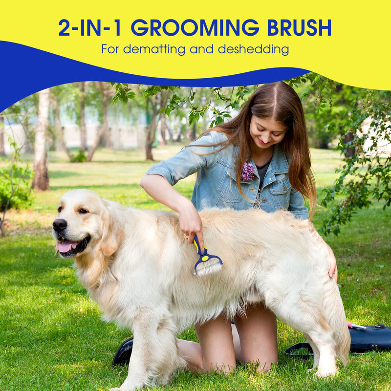 Planet Pet Grooming Brush - Double Sided Shedding, Dematting Undercoat Rake for Dogs, Cats - Extra Wide Dog Grooming Brush, Dog Brush for Shedding, Cat Brush, Reduce Shedding by 95%, Blue&Yellow