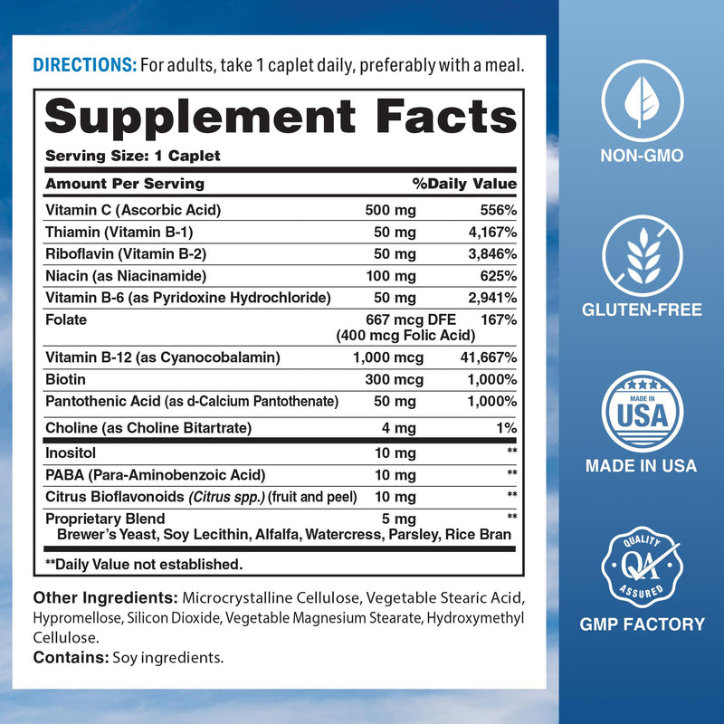Vitamin World Stress Vitamin B Complex with Vitamin C, 120 Caplets | High-Potency Vitamin B6, B12, Niacin, Folate & Biotin for Stress, Energy, Metabolism & Immune Support, Non-GMO 120 Count (Pack of 1)