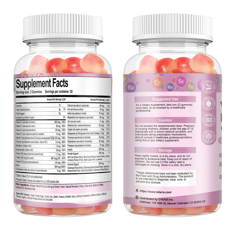Totaria Sugar Free Multivitamin Gummies for Women 14+ w/Iron, Inositol, Folate, Biotin, Womens Daily Multivitamin Gummy w/Vitamin A, C, B, D3, K2, for Hair, Skin, Energy, Immune, Strawberry Flavor 60 Count (Pack of 1)