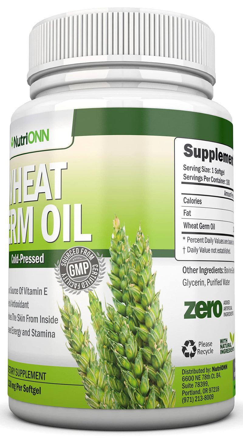 Wheat Germ Oil – 1130mg – 180 Softgels – Cold-Pressed & Non GMO – Natural Source of Vitamin E – Nourished Skin and Healthy Hair – Heart Health – Powerful Antioxidant – Increased Energy and Stamina