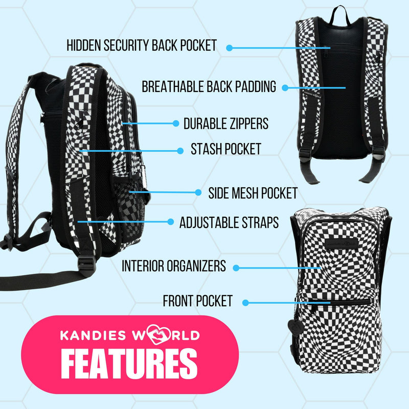 Kandies World Reflective Festival Hydration Pack - 2L Water Bladder for Raves, Hiking, Biking, Running, and More (with Anti-Theft Pocket) Checkered - BeesActive Australia