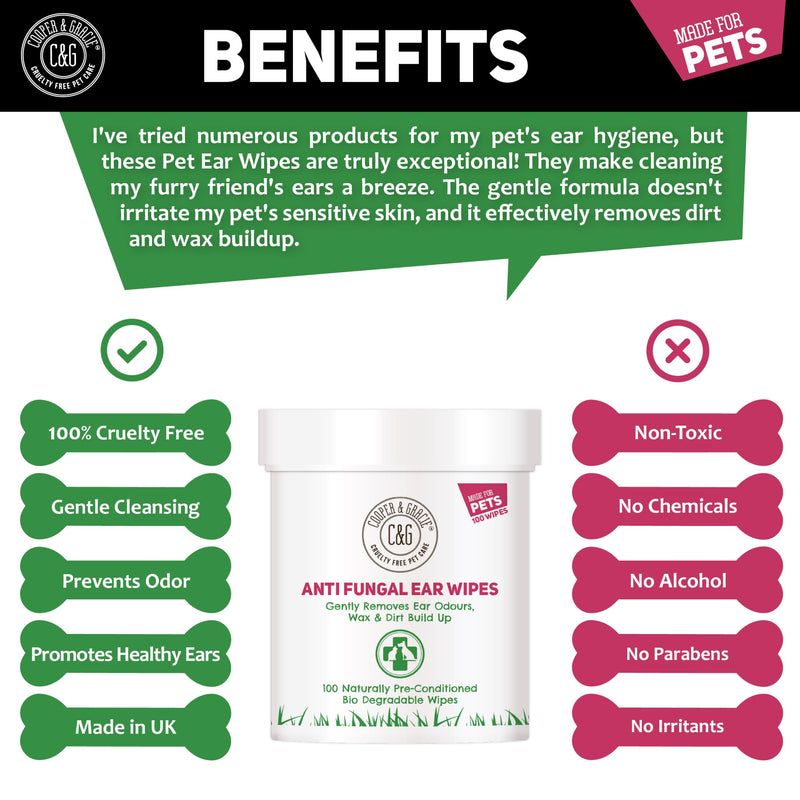Dog Wipes | Dog Ear Wipes for Dogs & Cats by Cooper and Gracie | 100 Biodegradable Soothing Ear Cleaning Wipes for Pets | Soft, Quick, and Easy Wipes to Remove Wax and Relieve Itchy Ears