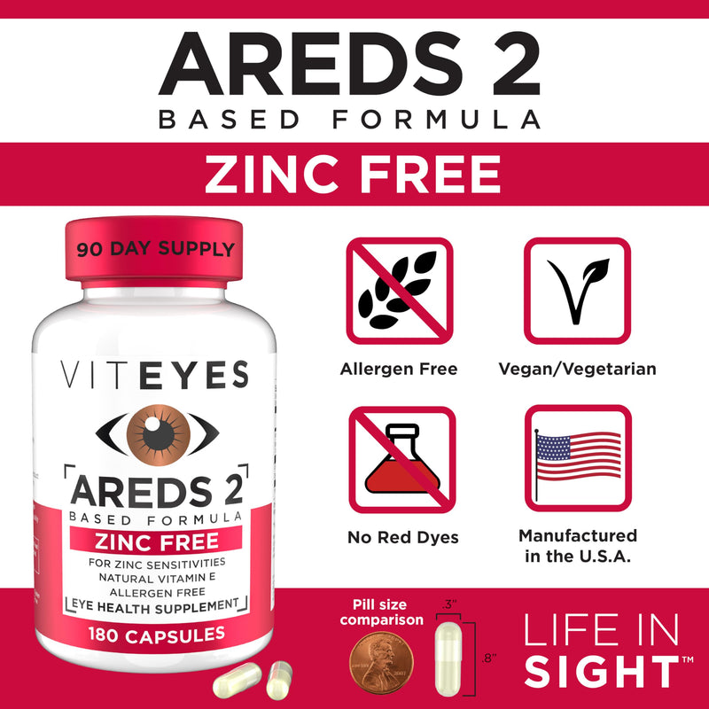 Viteyes AREDS 2 Zinc Free Macular Support, Natural Allergen Free Capsules with Vitamin E, Vitamin C, Lutein & Zeaxanthin, No Zinc, No Copper, Eye Doctor Trusted, Manufactured in the USA, 60 Ct 60 Count (Pack of 1)