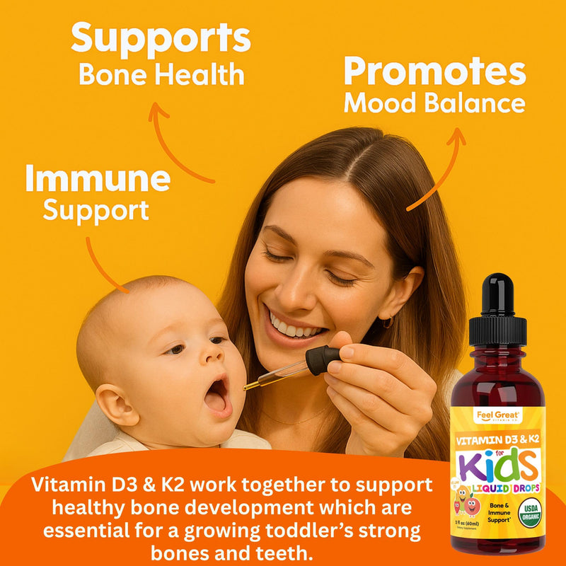 Feel Great Organic Vitamin D3 + K2 Liquid Drops for Kids & Infants, 2oz | USDA Organic Vitamin D3 + K2 Drops for Bone & Immune Support, Calcium Absorption, Tropical Fruit, Vegan, Gluten-Free