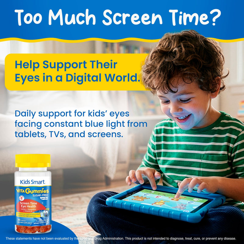 KIDS SMART Screen Time Eye Health Lutein Gummies, Vision Support, Kids 3+ | Lutein, Zeaxanthin + Vitamin A, Sugar-Free Vegan Gummies, Filters Blue Light from Screens, Supports Vision & Eyes, 30 Count