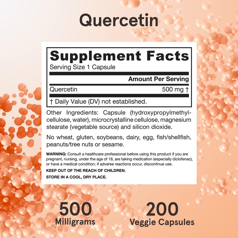 Jarrow Formulas Quercetin 500 mg - 200 Veggie Caps - Supports Antioxidant Status, Cardiovascular Health & Immune Health - 200 Servings Unflavored 200 Count (Pack of 1) - BeesActive Australia