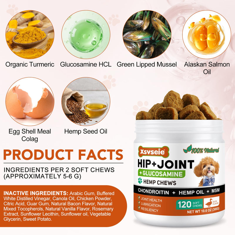 Hip and Joint Supplement for Dog, 120 Soft Chews with Glucosamine, Chondroitin & MSM for Joint Health & Flexibility, Tablets for Senior Dogs & Puppies - Duck Flavor
