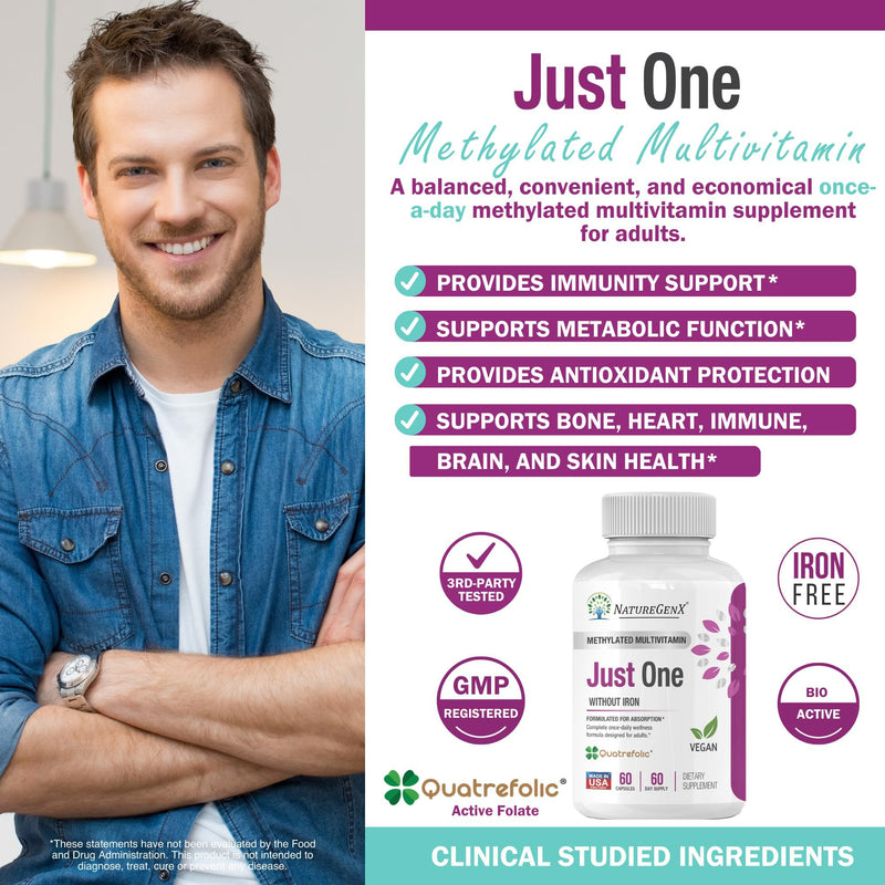 NatureGenX Just One Daily Methylated Multivitamin, 60 Capsules | Iron-Free with Methyl B12 & Methylfolate, Methylation Support for Men & Women, Vegan, Gluten-Free, Non-GMO 1