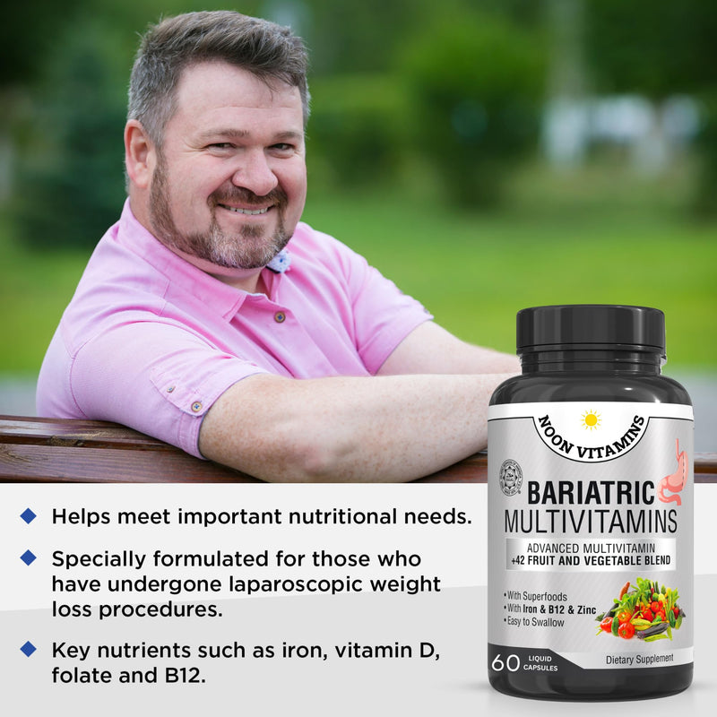 Bariatric Multivitamin with Iron for Women & Men - All-in-One 42 Superfood Blend for Energy & Immune Support - Post-Surgery Recovery, Easy-to-Swallow, Halal, Made in USA (60 Liquid Capsules) 60 Capsules