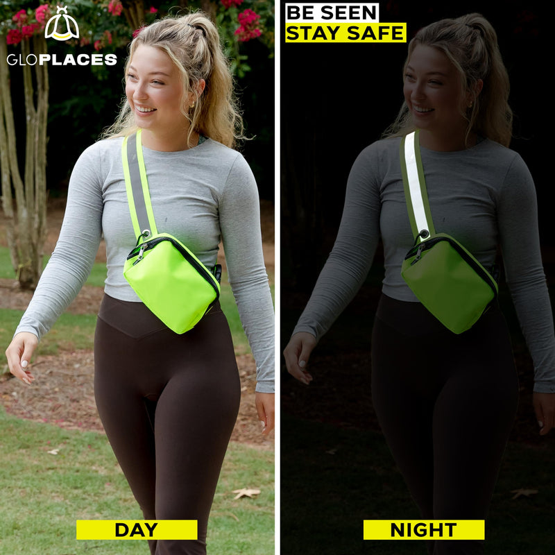 Reflective Belt Bag Night Sash for Night Safety - High Visibility Hip Bag Waist Pack with Large Storage Pouch - Adjustable Night Fanny Pack for Dog Walking, Hiking, Biking - BeesActive Australia