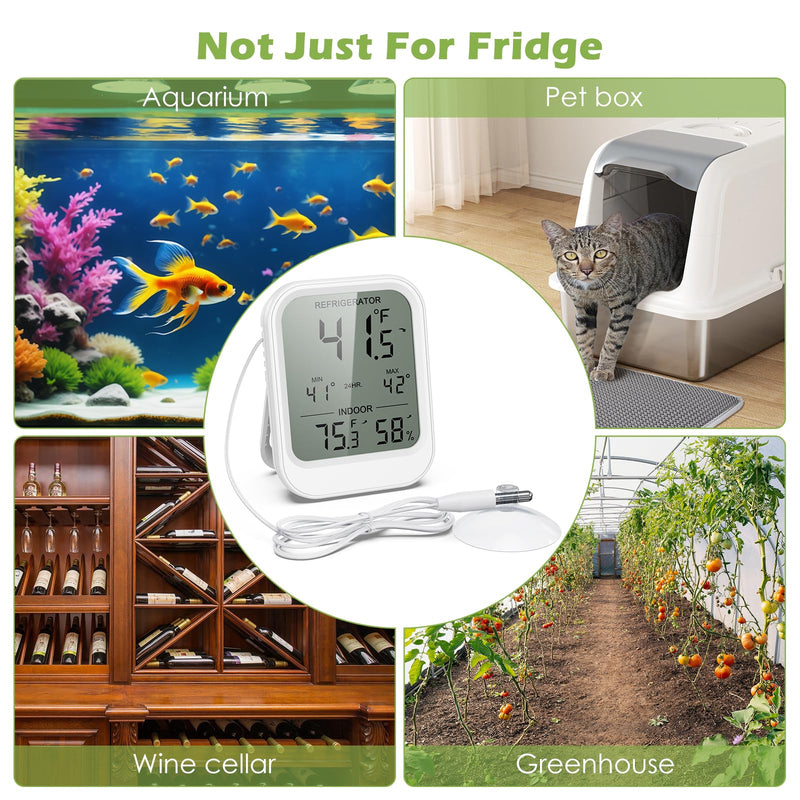 KeeKit Refrigerator Thermometer, Digital Freezer Thermometer with Waterproof Probe & Suction Cup, Temperature Monitor with Alarm, LCD Display, Min/Max Recording, for Fridge, Aquarium, Food Storage