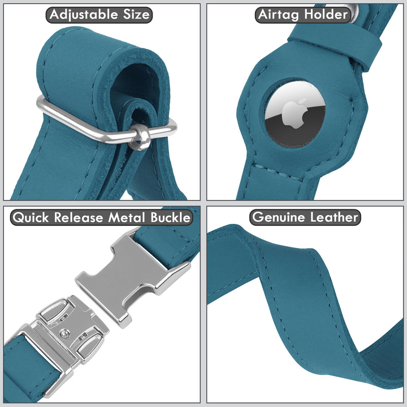 Leather Dog Collar with Airtag Holder - Soft Adjustable Airtag Dog Collar with Metal Buckle - GPS Tracking Pet Collar for Small Large Dogs Puppies Cats (Dark Blue, L, 17"-21" Neck Fit) Dark Blue - BeesActive Australia