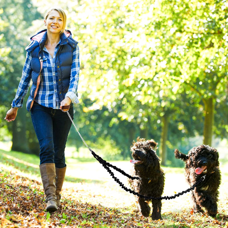 2 Dog Leash, 360° Swivel No Tangle Double Dog Walking & Training Leash, Comfortable Shock Absorbing Reflective Bungee Lead Walk 2 Dogs with Ease for 30-150lbs dogs Black - BeesActive Australia