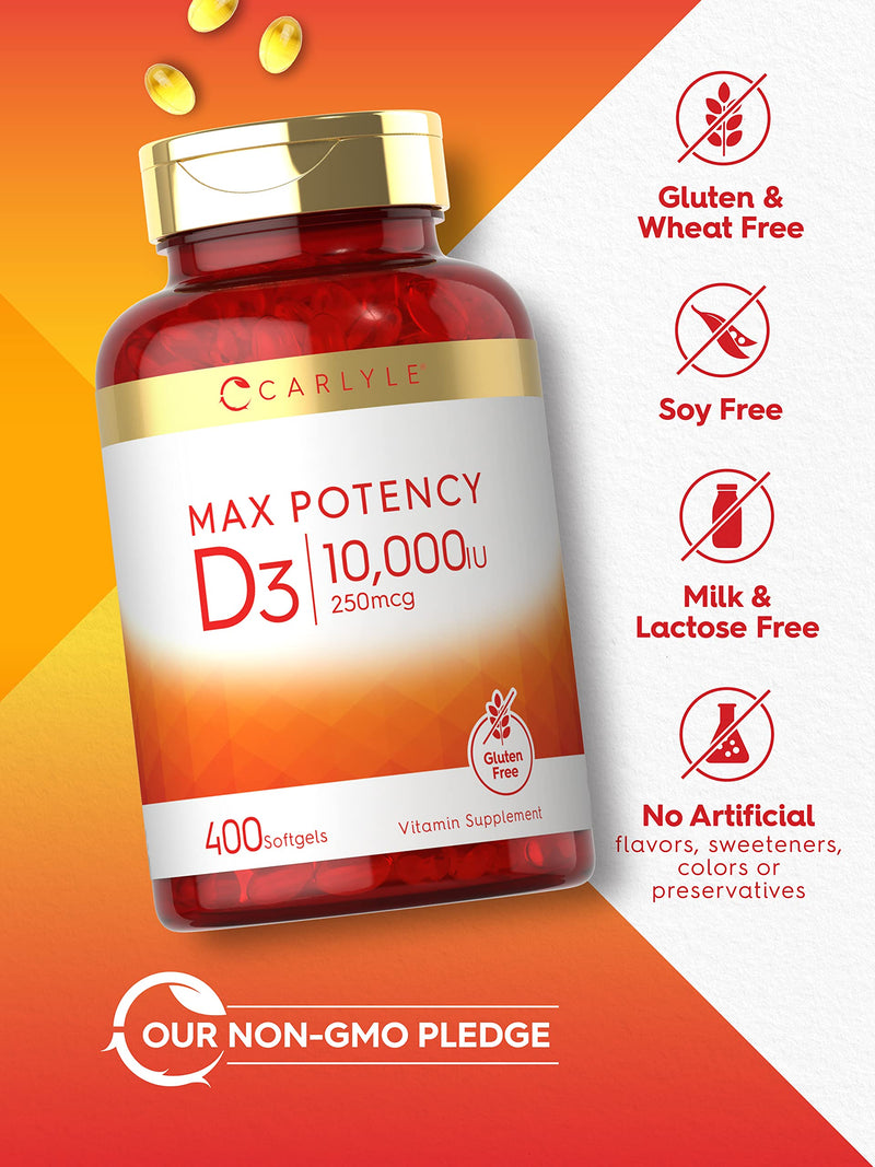 Carlyle Vitamin D 10000 IU 400 Softgels | Value Size | Max Potency | Non-GMO, Gluten Free Supplement 400 Count (Pack of 1) - BeesActive Australia