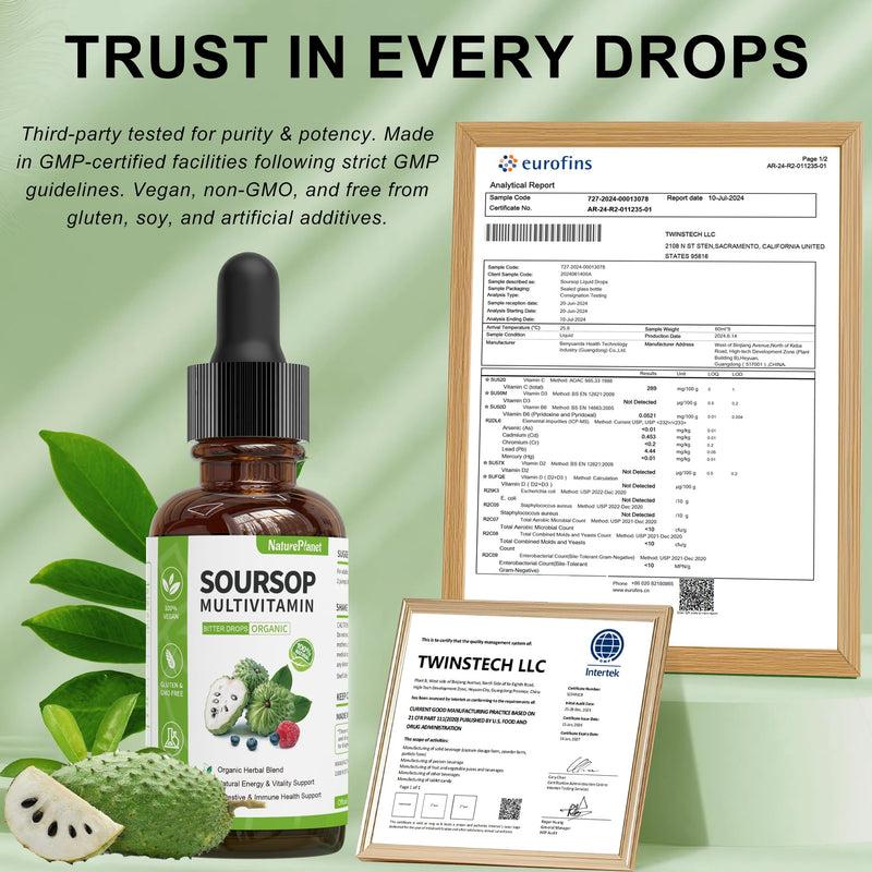 NaturePlanet Soursop Bitters Liquid 5000mg Immune Gut Support Vegan 4 Fl Oz | Soursop Multivitamin, 10 Herbal Bitters Blend, Soursop Extract, Digestive Health, Gluten-Free, Non-GMO, Nature's Heal