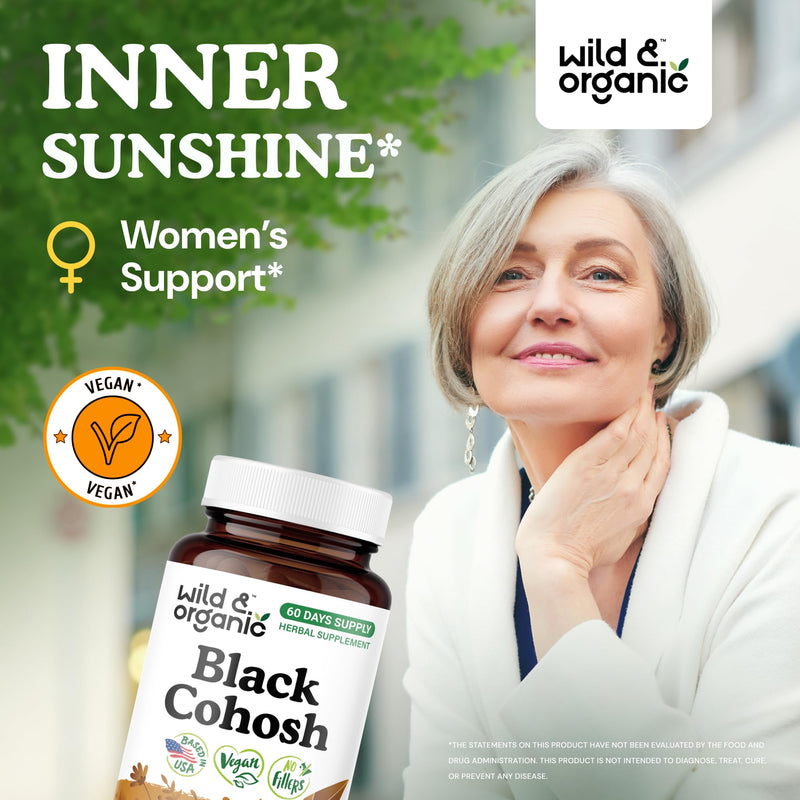 Wild & Organic Black Cohosh for Women Capsules 540 mg - Natural Support - Black Cohosh Root Supplement - Actaea Racemosa Herb - 60 Days of Supply - Vegan, No Fillers, Non-GMO - 60 Count