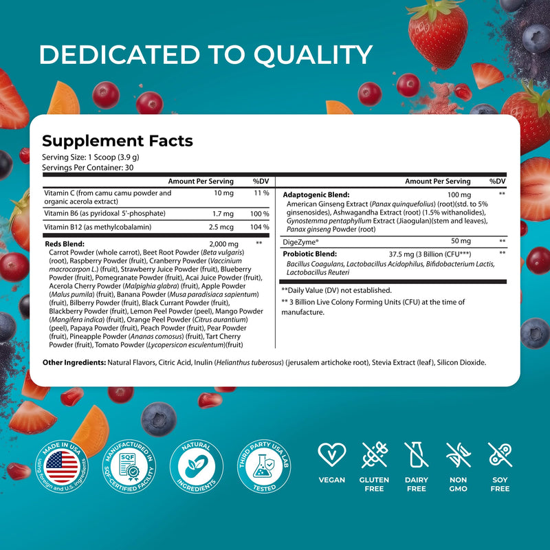 PUREHEALTH RESEARCH Metabolic Reds - Organic Superfood Powder Supplement | Fruit, Veggie, Adaptogenic, Probiotic Blends & More - For Metabolism & Energy Support - 4.13 Oz. - 30 Servings