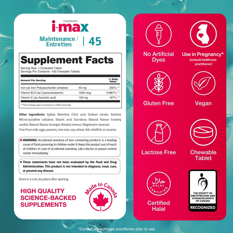 Pharmaris i-max Maintenance Iron Supplement, 45mg Elemental Iron-Polyschaccaride Complex + Vitamin C & B12, Iron Supplement for Women & Men, No Artificial Dyes, Orange Flavor, 100 Chewable Tablets