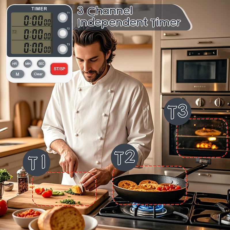 2Pcs Digital Dual Kitchen Timer,3-Channel Magnetic Countdown Stopwatch Timer for Cooking Suitable for Old People,Classrooms,Kitchens, Etc. (Excluding Batteries)