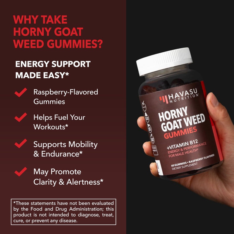 Horny Goat Weed Gummies with Vitamin B12, Raspberry Flavor, 30 Count | 30 Count, Vegetarian-Friendly, Non-GMO, Pectin-Based Gummies for Energy and Endurance Support, Raspberry Flavor, 15 Servings 30 Count (Pack of 1)