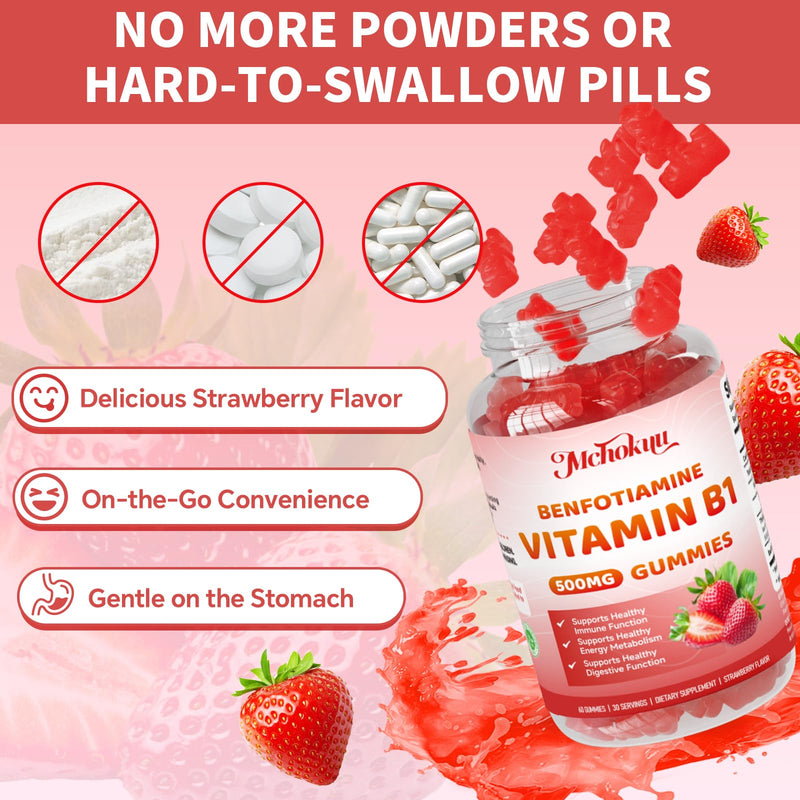 Vitamin B1 Gummies 500mg with Benfotiamine – Thiamine Supplement for Women & Men Supports Healthy Energy Metabolism & Immune, Sugar-Free | Vegan | Non-GMO, Natural Strawberry Flavor, 60 Count 60 Count (Pack of 1)
