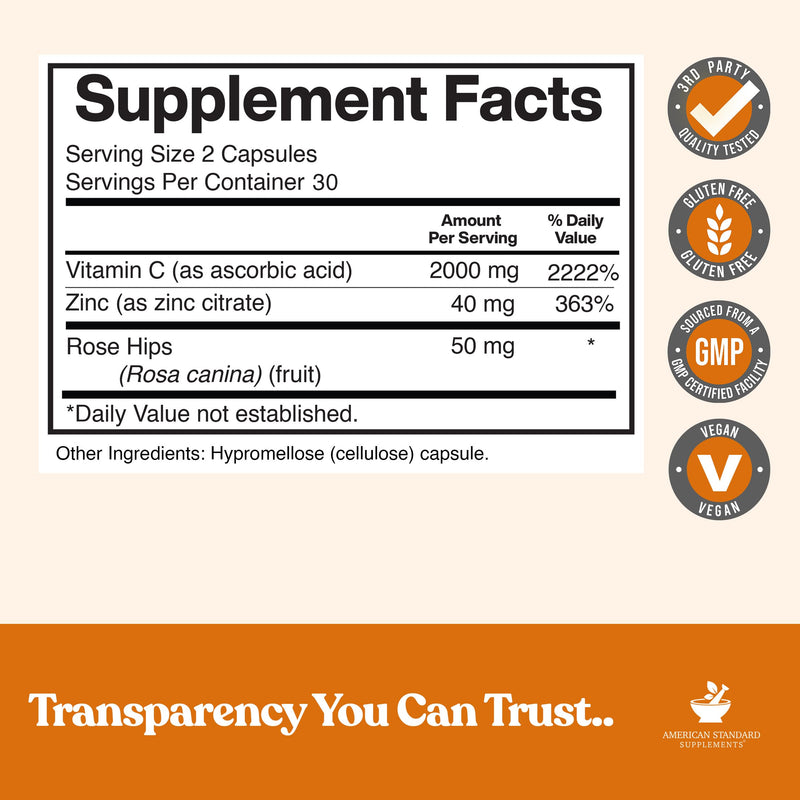 American Standard Supplements Vitamin C 2000mg, Zinc 40mg, and Rose HIPS 50mg Per Serving – Vegan, Gluten Free, Non-GMO (60 Count) 60 Count