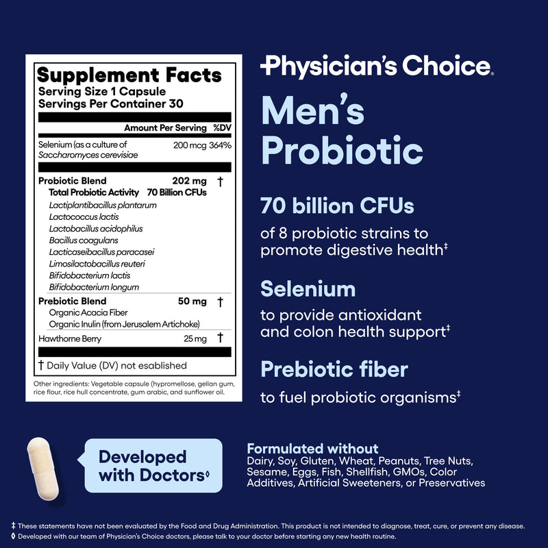 Physician's Choice Probiotics for Men - 70 Billion CFU - 8 Strains - w/Selenium & Organic Prebiotics - Supports Digestive Health, Microbiome, Colon, & Immune Health - Advanced Men's Probiotic - 30ct 30 Count (Pack of 1) - BeesActive Australia