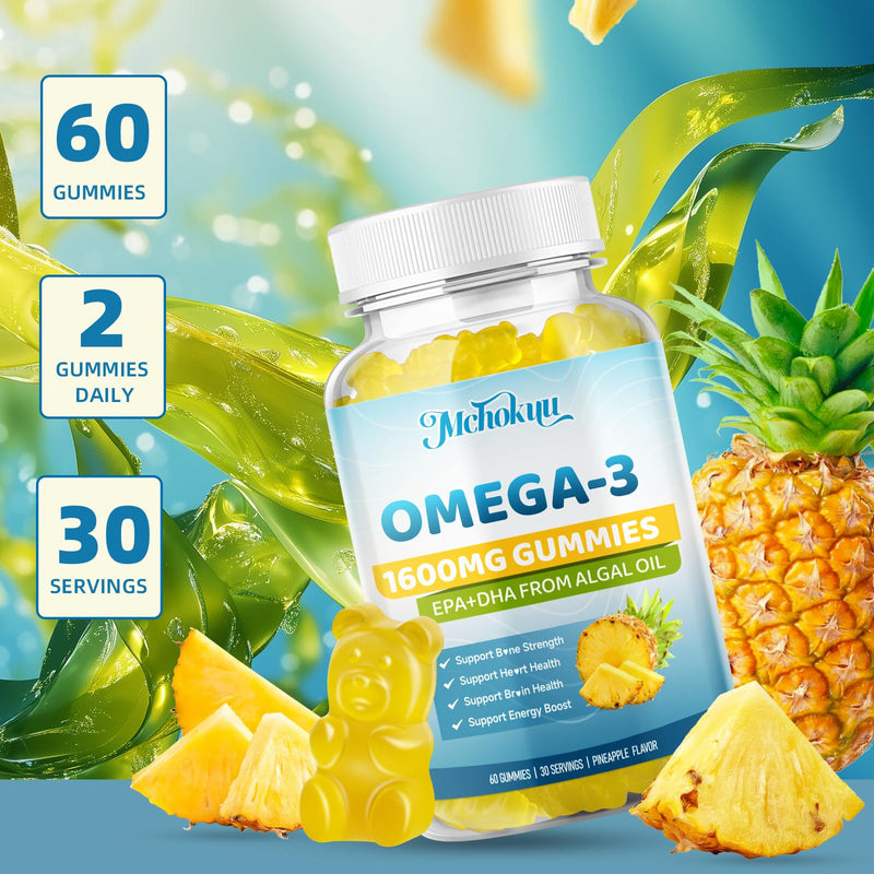 Vegan Omega-3 Gummies 1600mg EPA & DHA from Algal Oil, Fish Oil Alternative for Adults & Kids, Omega 3 Supplement with Vitamin D3 K2 for Brain, Eye & Immune Health Sugar Free Pineapple, 120 Count 60 Count (Pack of 2)