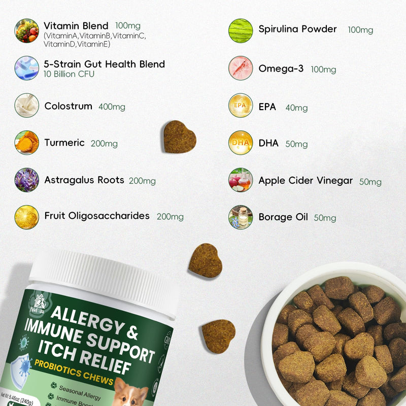 Probiotics for Dogs, Improve Itchy Skin Itchy Ears, Yeast Balance, Immune Support, Dog Probiotics (10 Billion CFU) for Dog Skin & Cost Care, Allergy Relief Chews + Vitamins Blend Chicken (120 Ct)