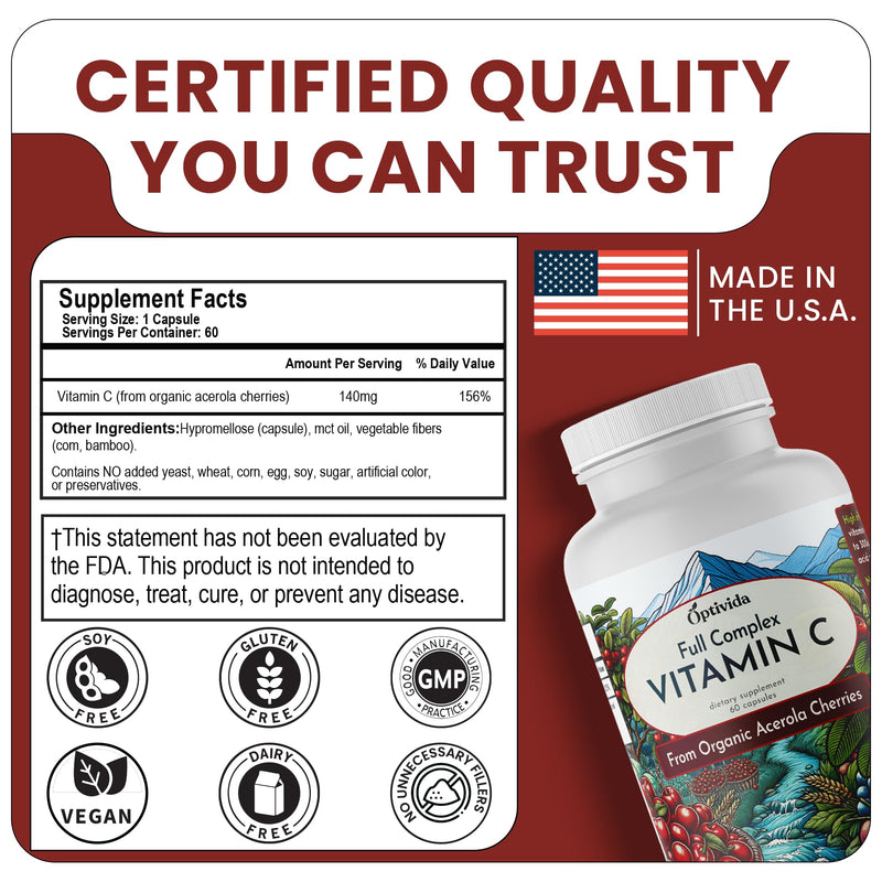 Acerola Cherry Capsules , Plant-Based Vitamin C for Immune Support - 60ct | Brazilian Acerola Cherry Vitamin C Enhances Absorption – Supports Skin, Joints & Immune Health – Gluten Free, GMP Certified