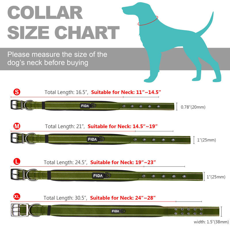 Fida Heavy Duty Dog Collar for Medium Dogs, Ultra Comfortable Soft Neoprene Padded, Adjustable Reflective Nylon Pet Collar with Durable Metal Belt Buckle for Medium Breeds (M, Green) Medium(14.5"-19") Military Green - BeesActive Australia