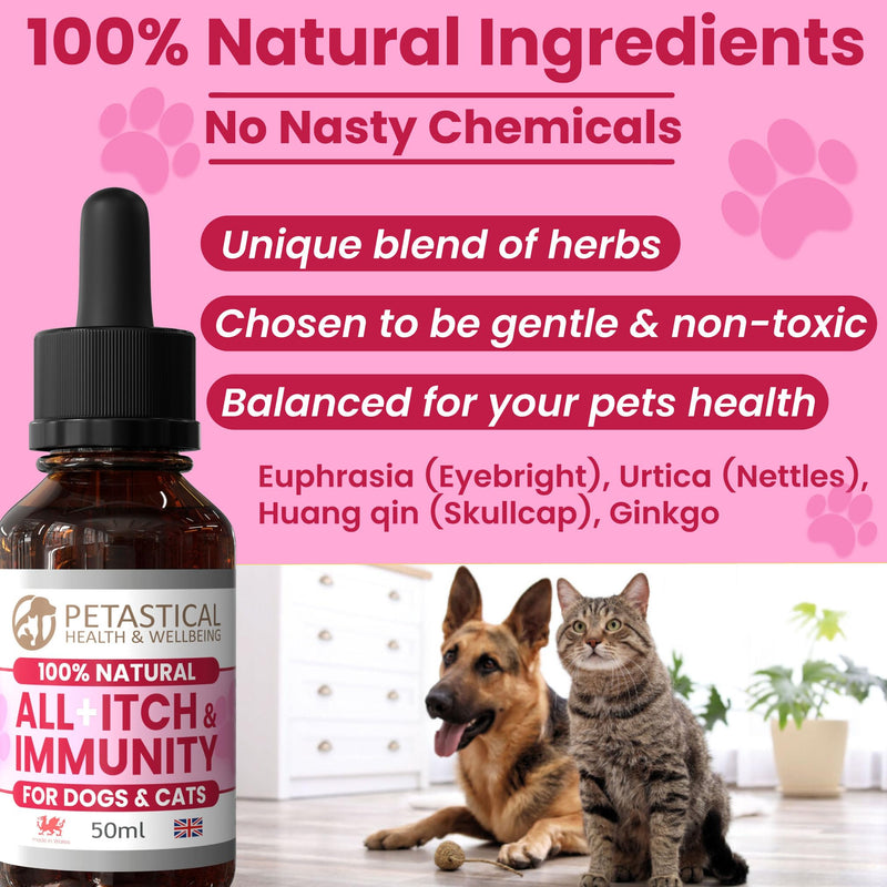 Itch and Immunity, Natural Liquid Supplement Drops for Dogs Cats, Skin, Eyes, Ears, Paws, Licking, No Nasties, Made in UK (50ml)