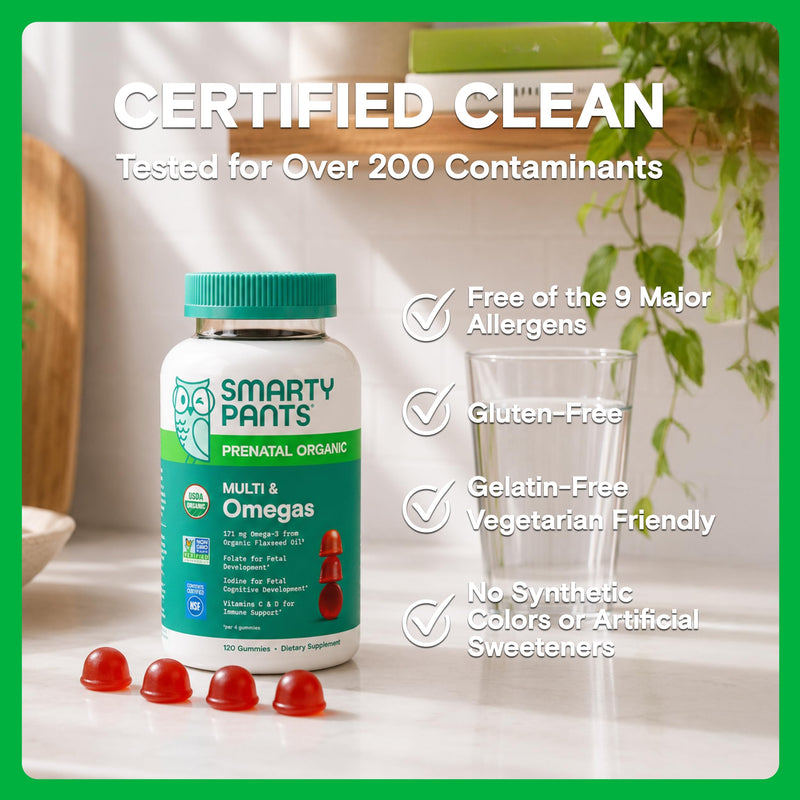 SmartyPants Organic Prenatal Vitamins for Women, Multivitamin Gummies: Biotin, Methylfolate, Omega 3 (ALA), Vitamin D3, C, Vitamin B12, B6, A, K2 & Zinc, Choline, Vegetarian, 120 Count (30 Day Supply) 1 Count (Pack of 1) Organic + Omega