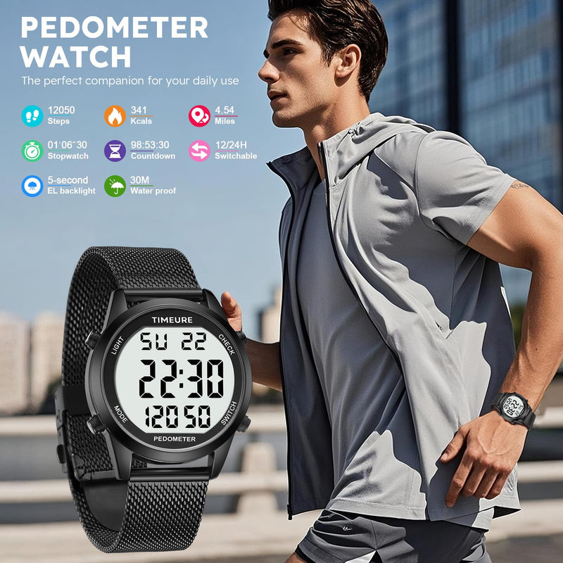 Men's Pedometer Watch with Stainless Steel Bracelet,Step Counter Watch No App, No Charging Needed for Ourdoor Walking, Calorie, Distance, Alarm, Countdown Timer Watch TU-2306B TIMEURE BLACK - BeesActive Australia