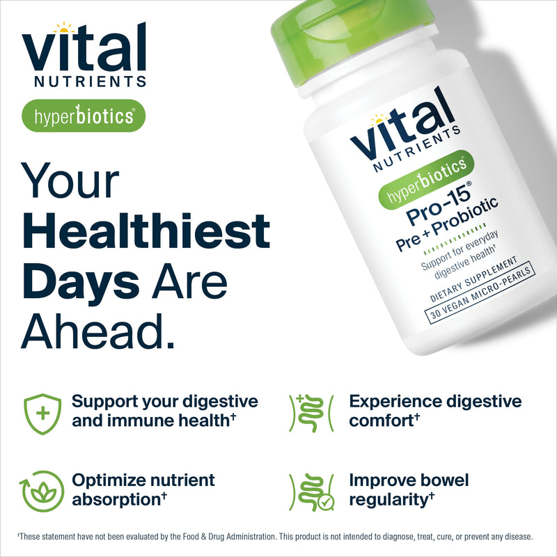 Hyperbiotics Vital Nutrients Pro-15 Prebiotics + Probiotics for Women and Men | 15 Science Backed Strains | Supports Occasional Constipation, Diarrhea, Gas & Bloating | 30 Vegan Time Release Pearls 30 Count (Pack of 1)