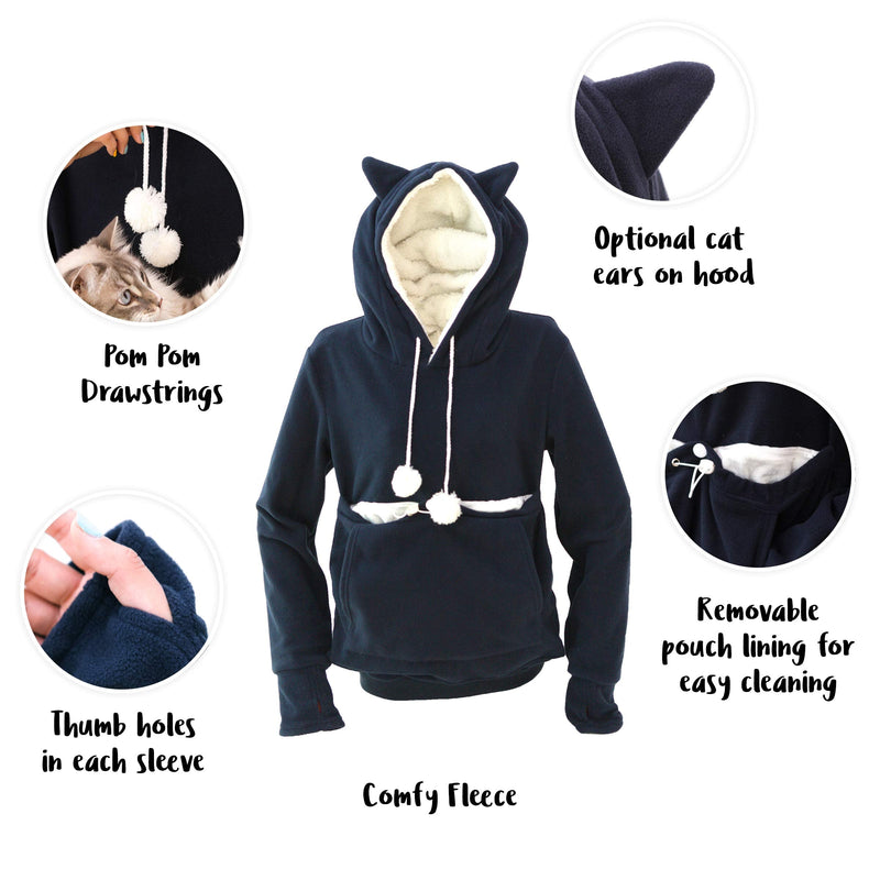 KangaKitty Cat Pouch Hoodie Cat Hoodie with Ears Cat Sweatshirt Small Dog Pouch Hoodie Womens Long Sleeve Sweatshirt Pullover Sweatshirt Kangaroo Hoodie Wearable Cat Carrier (X-Large) X-Large Blue - BeesActive Australia
