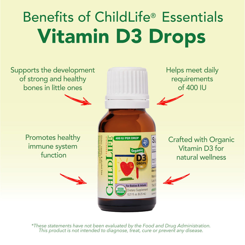 ChildLife Essentials Organic Infant Vitamin D3 Drops 0.21 Fl Oz (1 Pack) | Newborns, Baby Vitamin D Drops, 400 IU per Serving, Immune Teeth & Bone Health Support, USDA Organic, Flavorless 0.21 Fl Oz (Pack of 1)