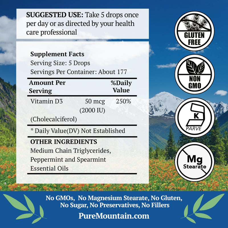 Pure Mountain Botanicals Liquid Vitamin D Drops - 2000 IU Vitamin D3 Supplement - Natural Mint Flavor in MCT Oil - Pure D3 for Adults and Kids - 1 oz