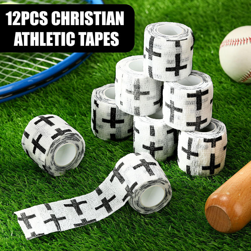Geiserailie 12 Pack Christian Athletic Tapes 2 Inch x 5 Yards Self Adhesive Bandages Sports Wraps Breathable Elastic Wrap Non Woven Bandage for Wrist, Ankle, Baseball Football(White) White, Black - BeesActive Australia
