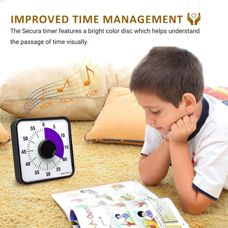 Secura 60-Minute Visual Countdown Timer, 7.5-Inch Oversize Classroom Visual Timer for Kids and Adults, Durable Mechanical Kitchen Timer Clock with Magnetic Backing (Purple) Purple & Black