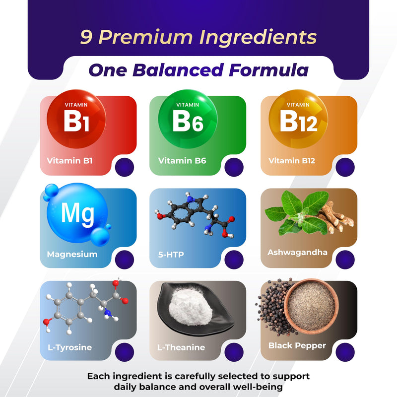 GriMed 5-HTP Capsules with L-Tyrosine, Magnesium, L-Theanine, Ashwagandha & B Vitamins, Mood and Focus Support, 90 Count