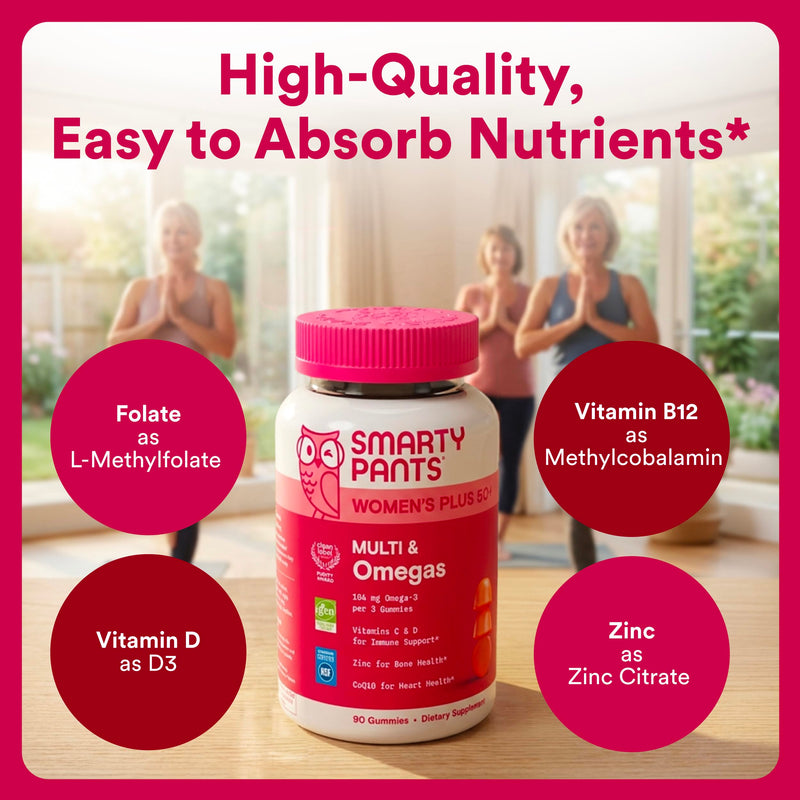 SmartyPants Women’s Plus 50+ Multi & Omegas Multivitamin Gummies with Omega 3 DHA/EPA, Methylfolate, CoQ10, Vitamin D3, C, B12, B6, A, K, Biotin, Two Fruit Flavors, 90 Count (30 Day Supply) 1 Count (Pack of 1) New Formula