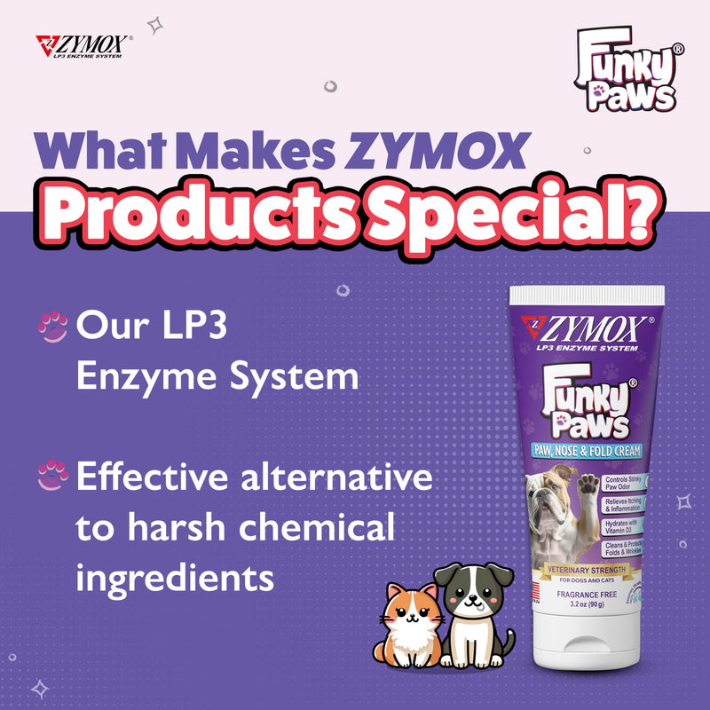 Zymox Funky Paws - Paw, Nose & Fold Cream for Dogs & Cats - Veterinary Strength - Reduces Corn Chip Feet Smell - Hydrates & Soothes the Skin - Relieves Itching & Irritation - Fragrance Free - 90g