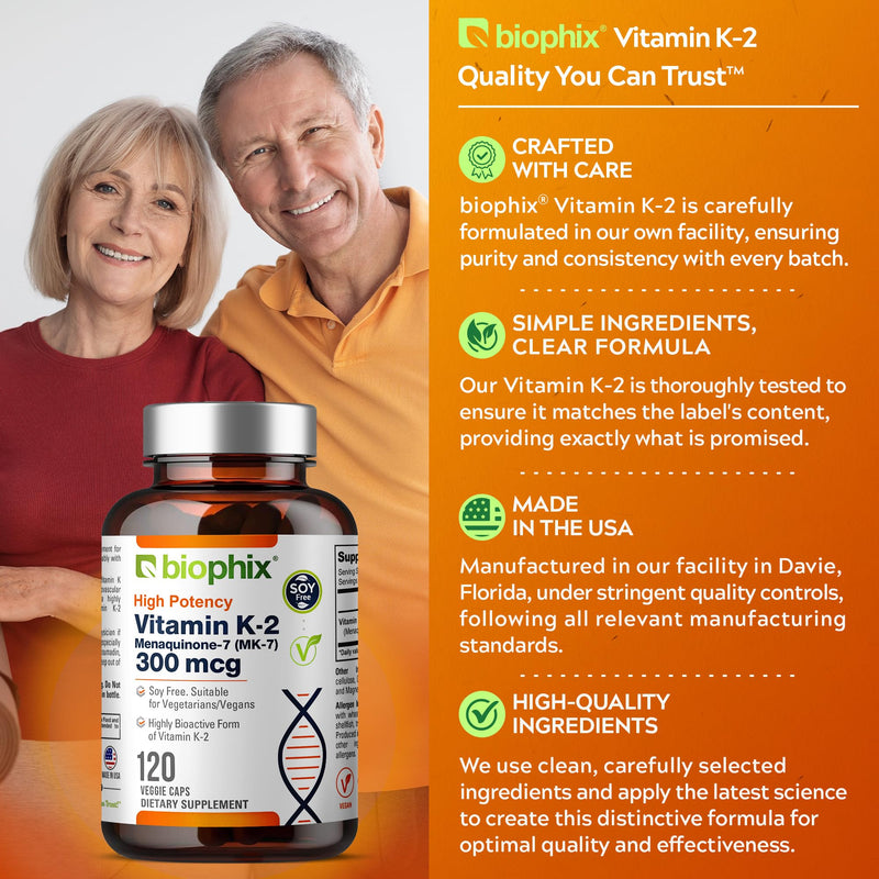 biophix Vitamin K2 MK-7 300mcg, 120 Vegan Capsules – High-Potency Supplement for Bone Strength and Immune Health 120 Count (Pack of 1)